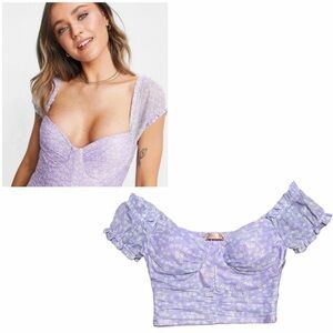 NWT Lavender Floral Mesh Corset Style Cap Sleeve Crop Top 6